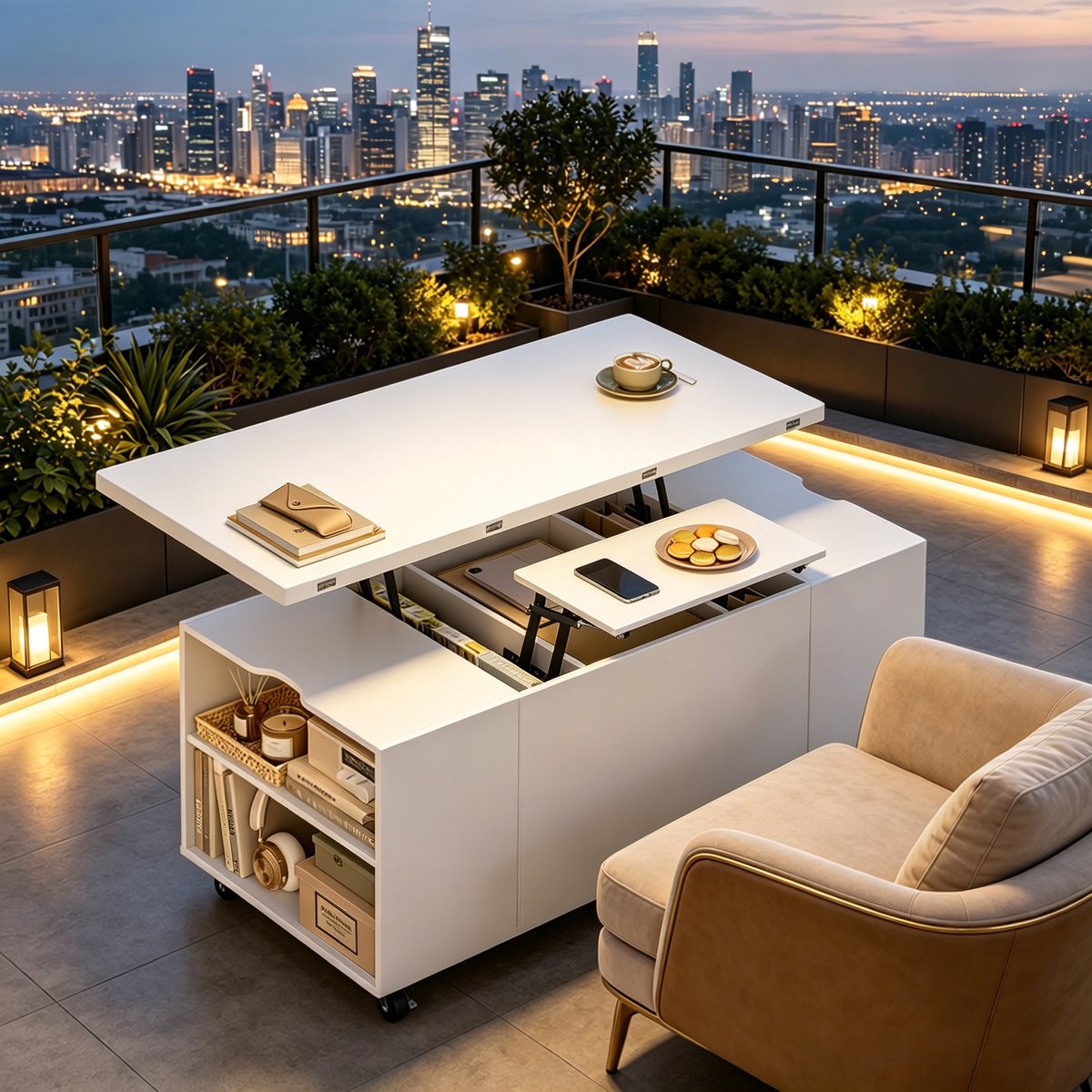 Lift-Top Couchtisch 100x50 cm - Verstelbare Salontafel Met Opbergruimte En 5 Wieltjes Wit