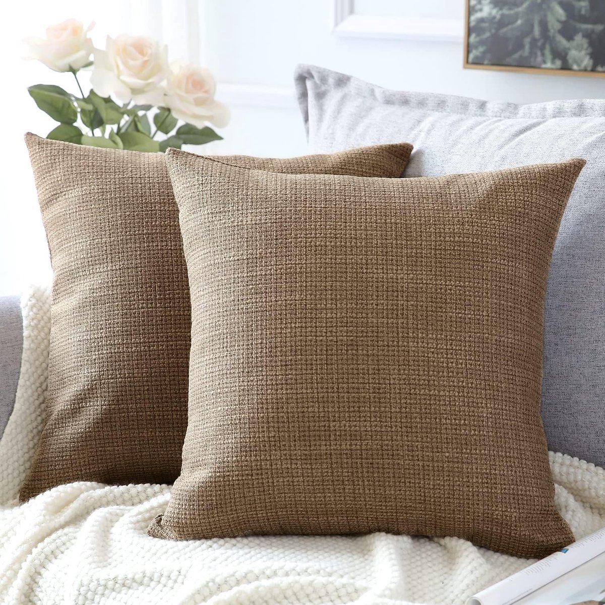 Kussenhoezen set van 2 - 60 x 60 cm - linnen bruin - ademend en comfortabel - perfect voor uw interieur - ShopVlot