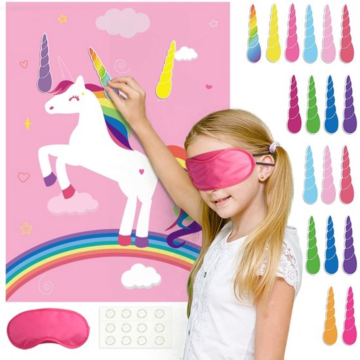 Verjaardagsfeestspel Roze Eenhoorn - 24 Hoorns - Feestdecoraties - Verjaardagsfeestaccessoires - Kinderen - Inclusief Blinddoek - Feestspel