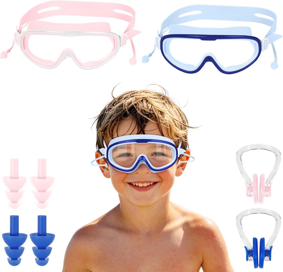 Zwembril voor kinderen - set van 2 met oordopjes en neusclip - anti-condens en UV-bescherming - geen lekkage - ShopVlot