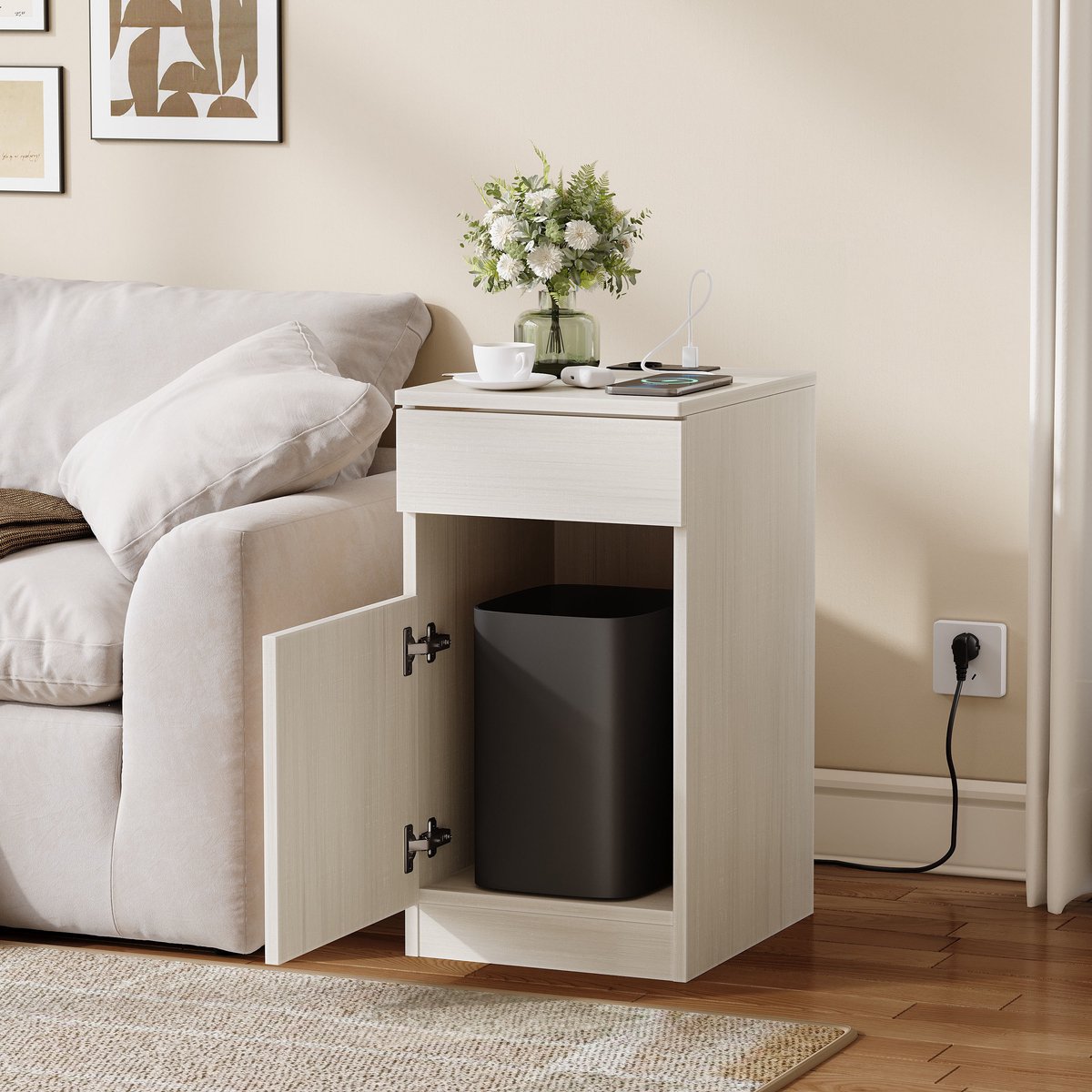 COVREO Nachtkastje 30 x 40 x 61,5 cm wit, MDF met USB en opbergruimte