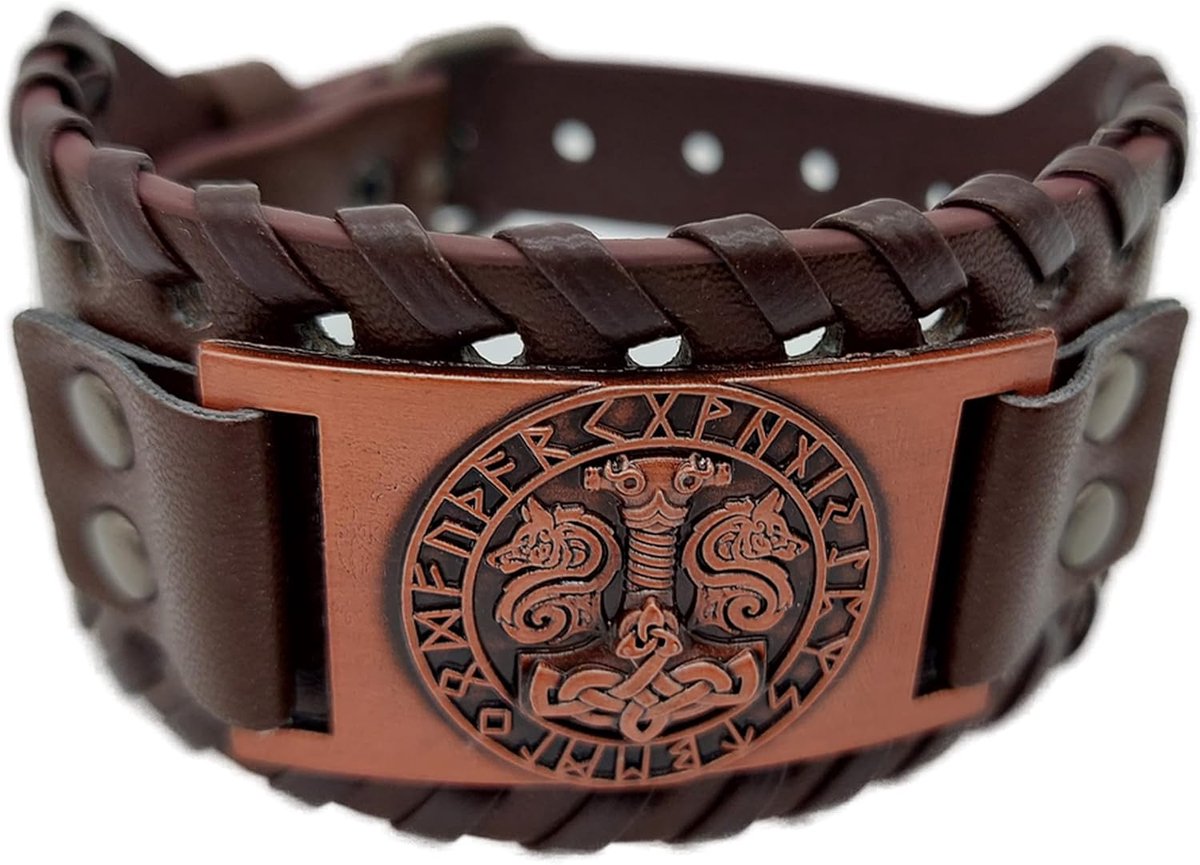 Vikings Viking bracelet Thors Hammer Mjölnir with Odins wolves in runic ride leather metal brown copper, Leather - ShopVlot