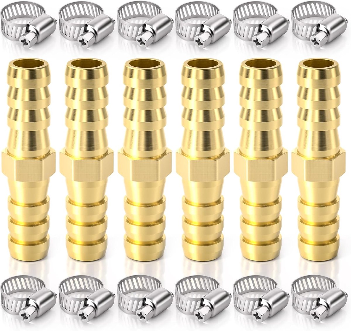 Bwintech 6 Piece Hose Connector Fittings, 16mm 2 Way Straight Brass Barb Connector with 12 Clamps - ShopVlot