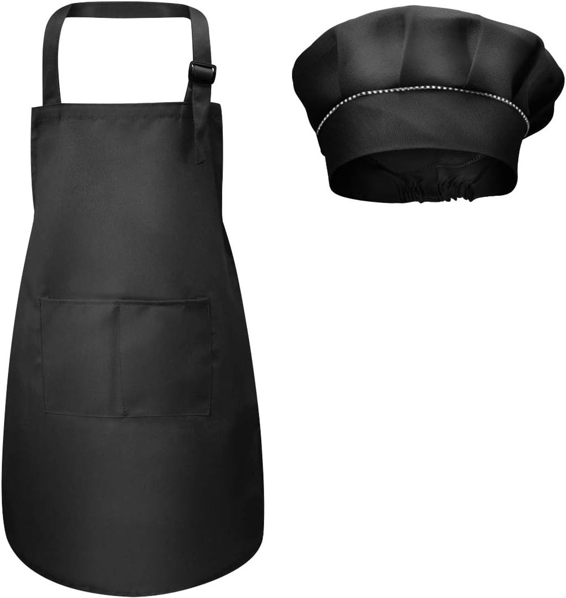 Kids Apron + Chef Hat, Adjustable Kids Kitchen Apron with Pockets for Baking, Paint 4-12 Years (Black, L) - ShopVlot