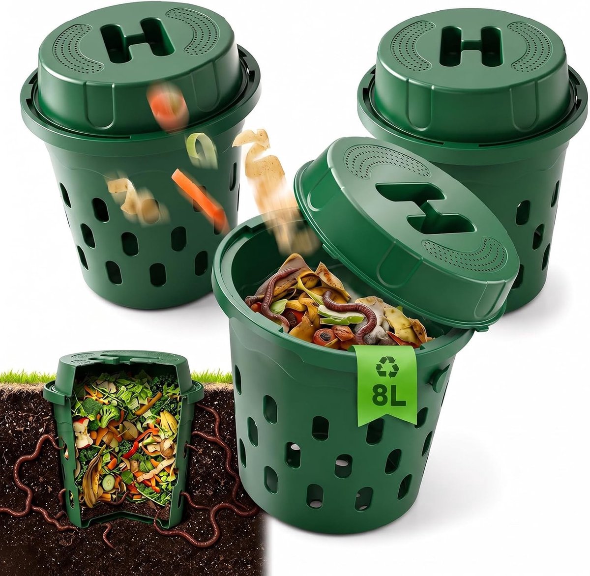 Ondergrondse compostbak voor tuin, 8 liter, met deksel en ventilatiegaten, ideaal voor organische compostering en bodemverbetering, set van 3 stuks