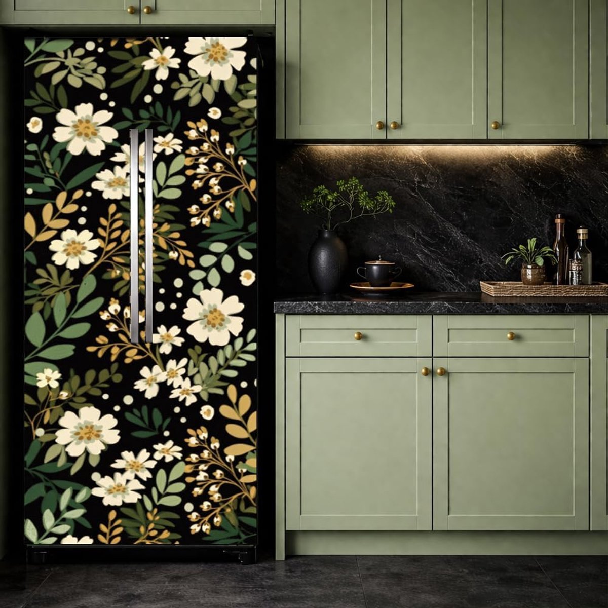 Deurbehang 41,5 x 200 cm - Zelfklevend vinyl - Groene bladeren en bloemen - Verfraai je koelkast - ShopVlot