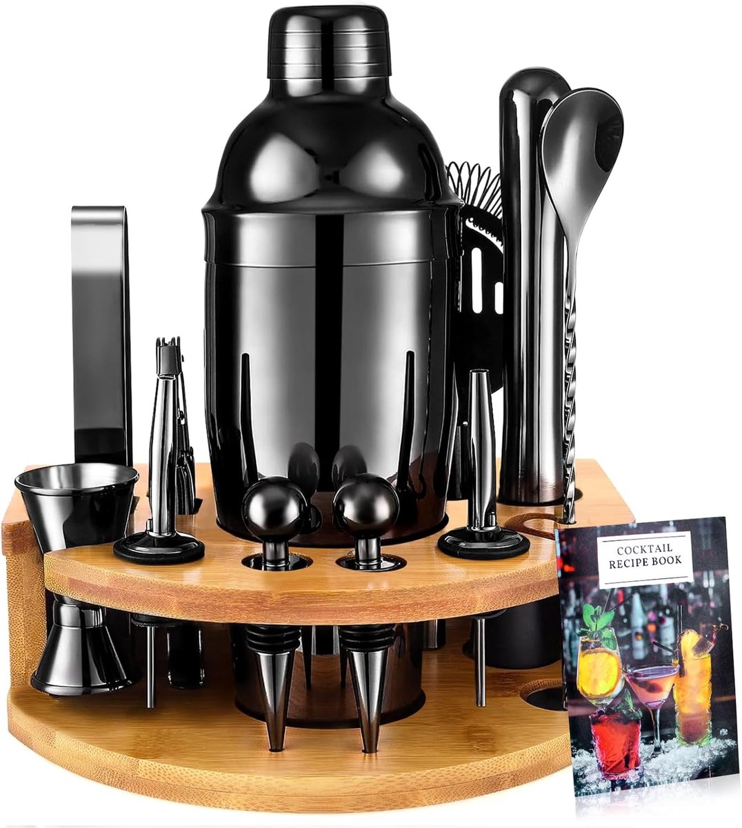 Cocktail shaker set 12-delig - roestvrij staal - complete set met houten standaard - perfect voor thuis of bar - ShopVlot