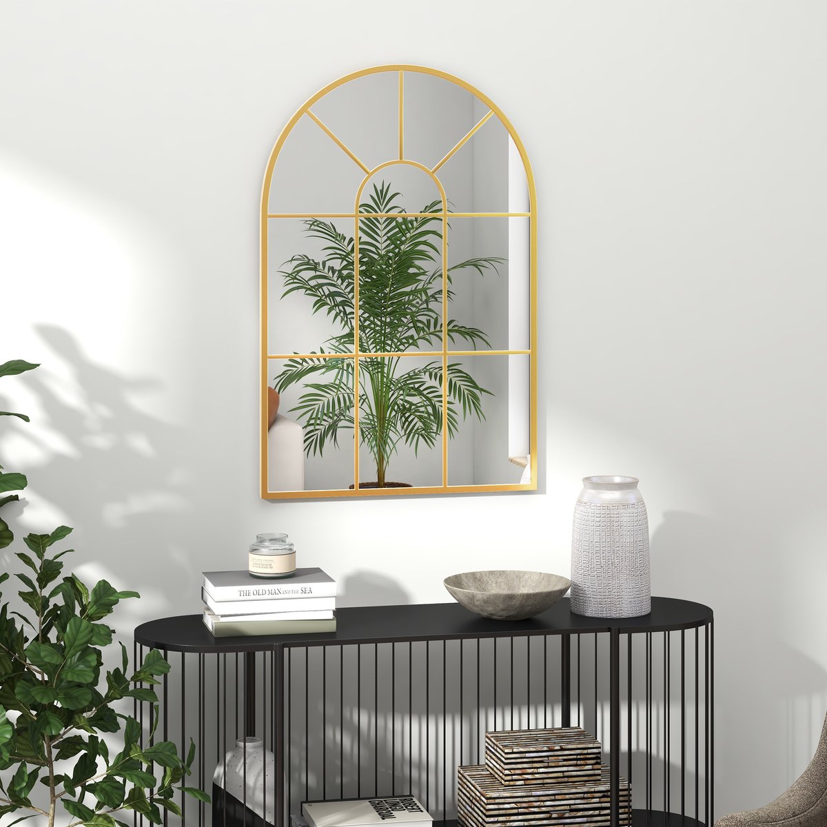 Wandspiegel Fensterspiegel 91 x 60 cm Halfrond Metaal Goud Decoratief Voor Woonkamer Slaapkamer En Hal Met Modern Frame