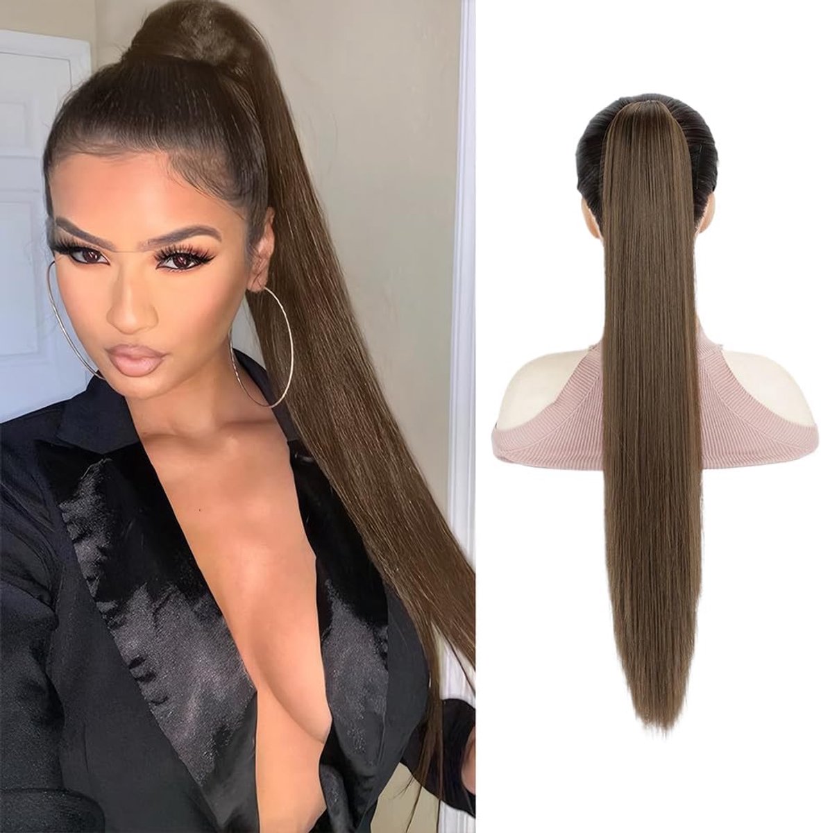 Ponytail Haarextensions 66 cm - Echt Haar - Donkerbruin - Perfect voor Feestjes - ShopVlot