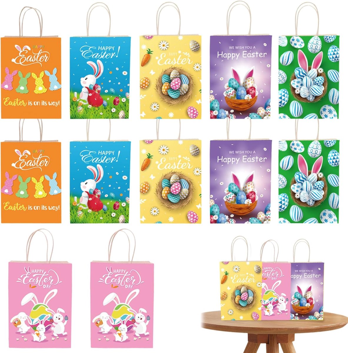 Papieren Paastassen - 12 Stuks, 6 Stijlvolle Ontwerpen - Met Handgrepen - Perfect voor Paasfeest - ShopVlot
