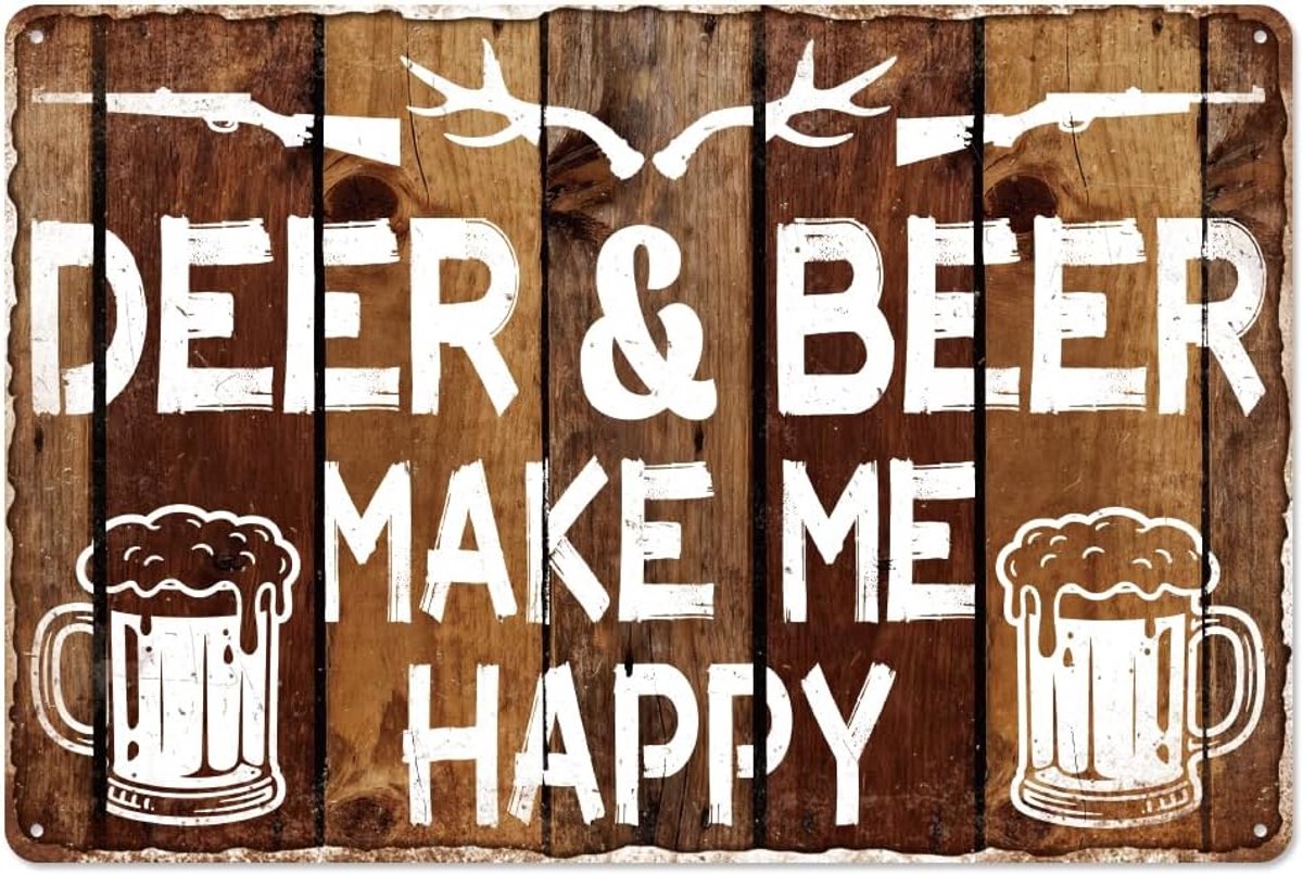 metalen tinnen bord 30 x 20 cm - retro jachtstijl - Deer & Beer Make Me Happy - leuk voor jachtliefhebbers - ShopVlot