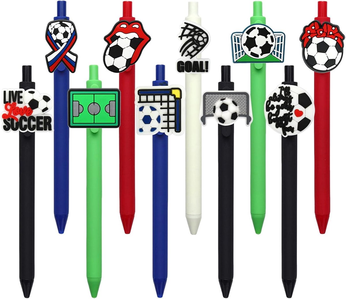 Set van 10 balpennen - voetbaldesign - zachte pvc-rubber decoratie - ideaal voor kinderen - ShopVlot