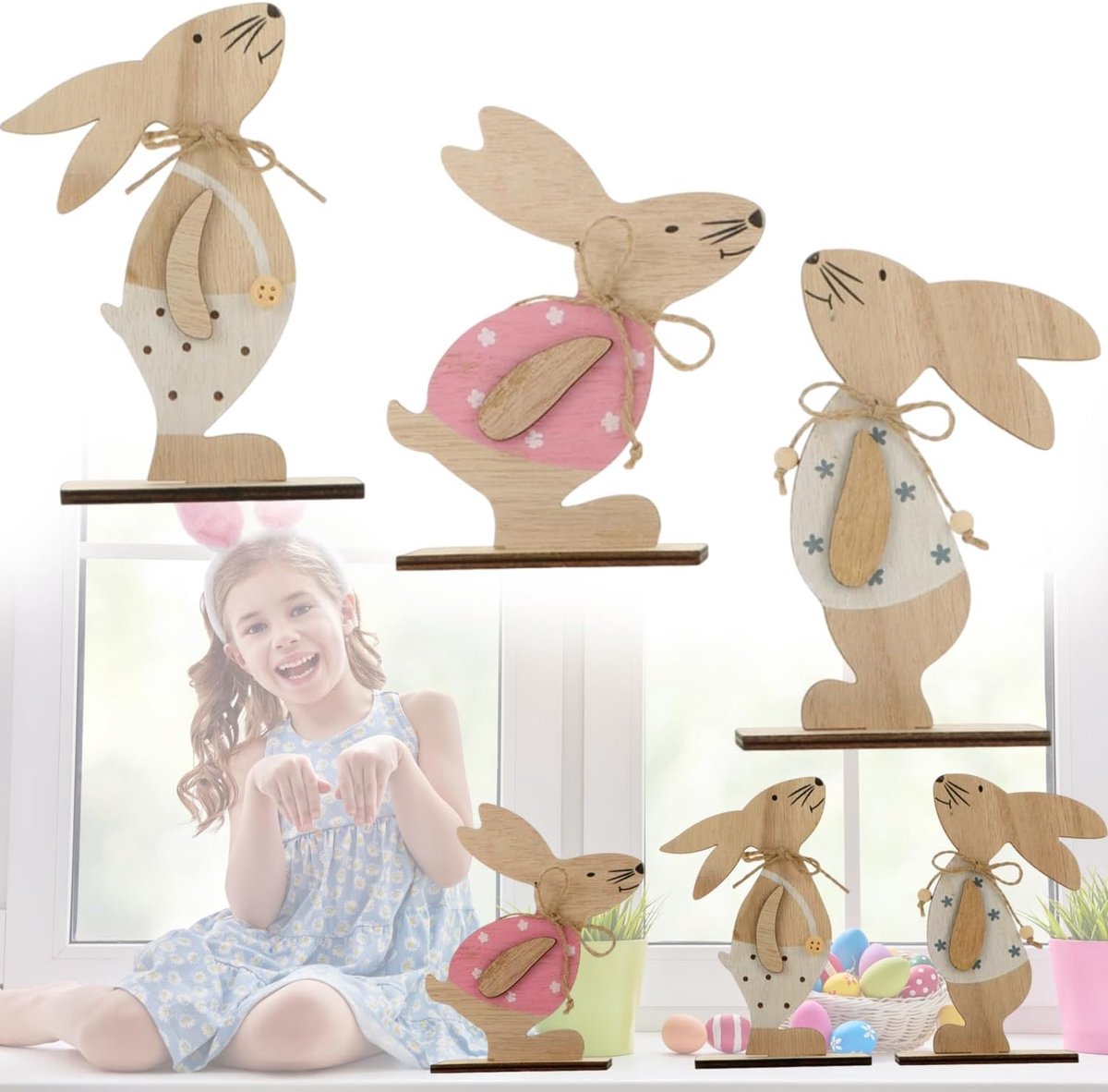 Houten Paasdecoratie - Schattige Konijnen - Handgemaakt - Natuurlijke charme voor Pasen - ShopVlot