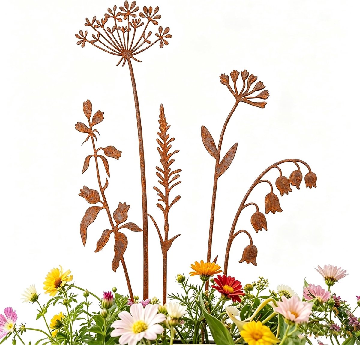 Metalen bloemenstekers 5 stuks - roestlook - tuindecoratie - sfeervolle accenten voor tuin - ShopVlot