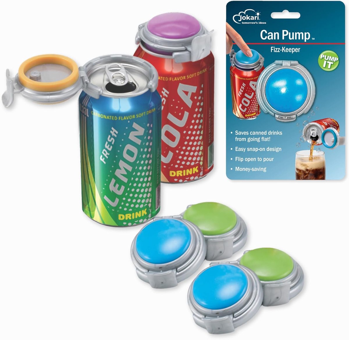 Jokari 2 Click Fizz Keeper Pump and Pour for Standard Size 12 oz cans of carbonated drinks. Keep soda, seltzer, beer - ShopVlot