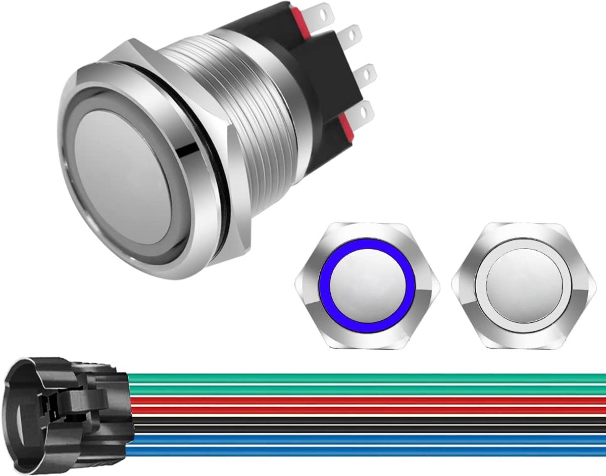 GUUZI 220V-230V/10A Momentary Push Button NO/NC Waterproof Blue/White LED Light Illuminated 22mm Metal Start Button - ShopVlot