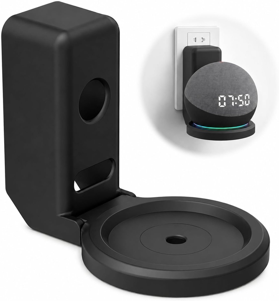 Stopcontacthouder voor Echo Dot 4/5 zwart - Wandhouder met kabelbeheer, zonder boren, ruimtebesparend voor Echo Dot 4e - ShopVlot