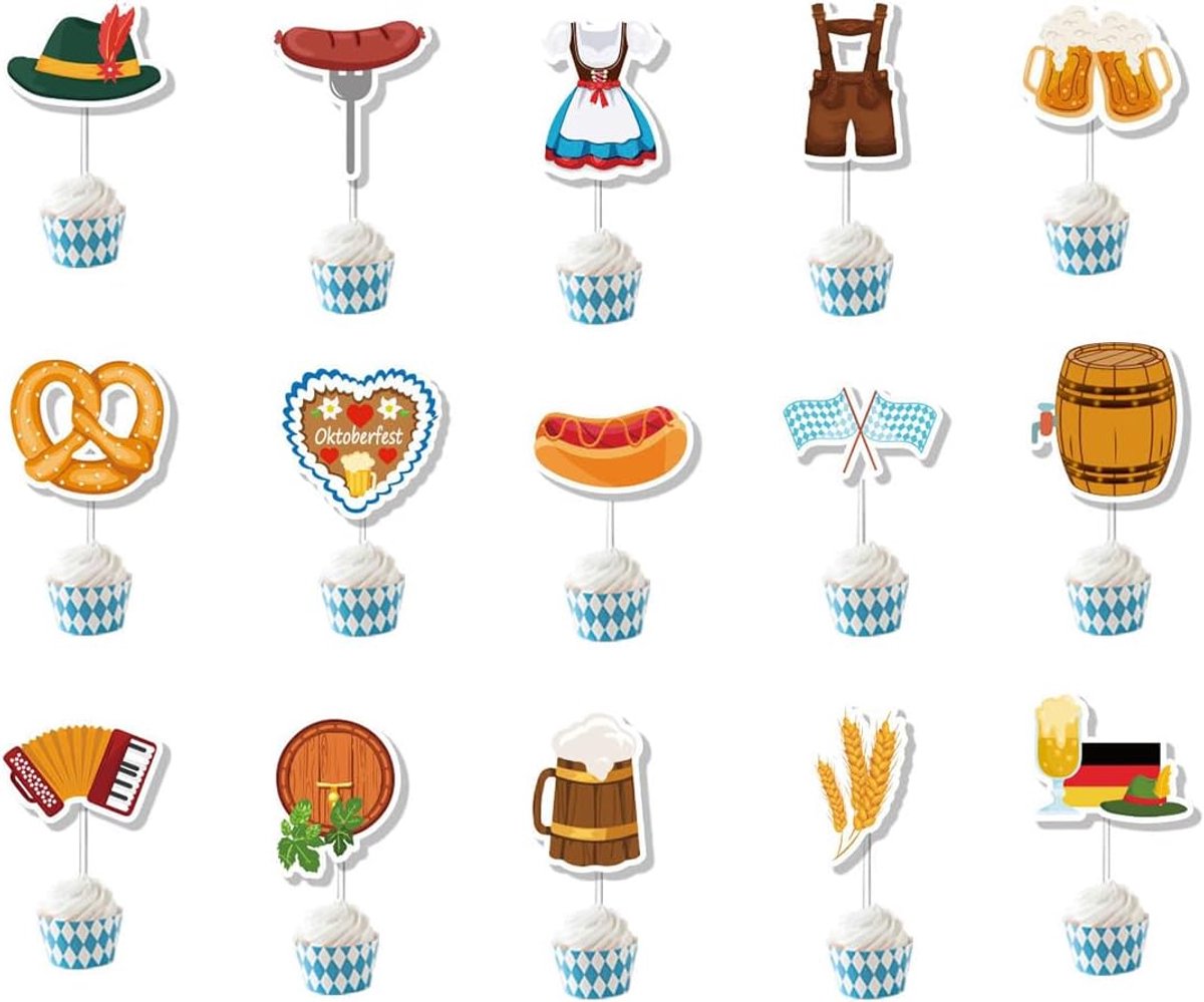 Pack of 15 cupcake toppers for Oktoberfest, dessert decorations for beer party, Bavarian decoration for cakes and - ShopVlot