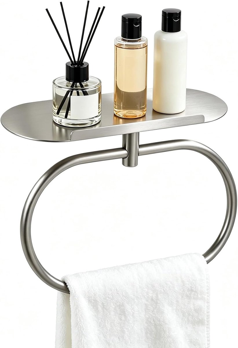 Stainless Steel Towel Ring with Shelf, Wall Mounted Oval Towel Holder for Bathroom, Modern Towel Holder for Living - ShopVlot