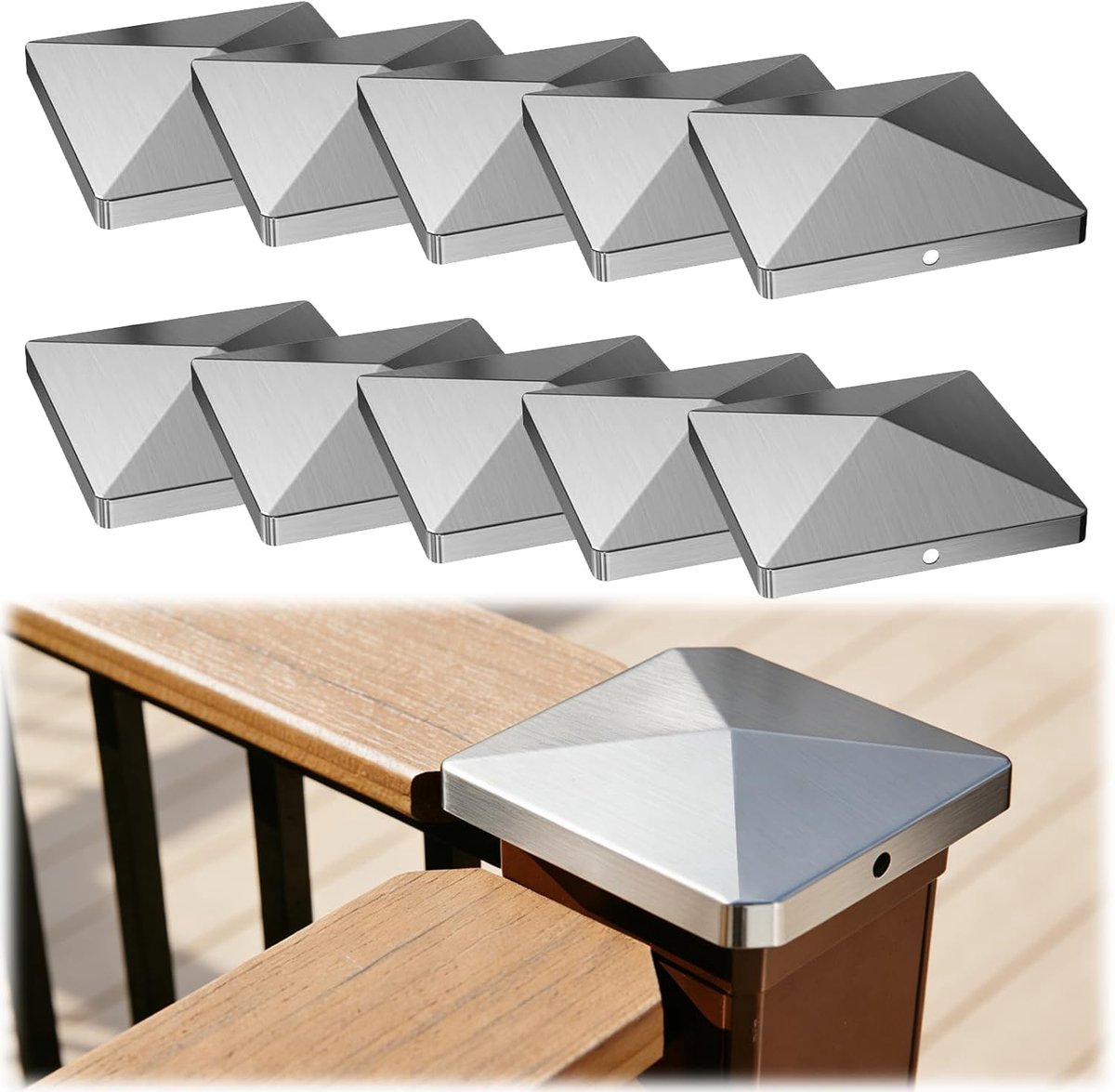Poles Caps 8 x 8 cm - roestvrijstalen postcovers - piramidevorm - weerbestendig en duurzaam - ShopVlot