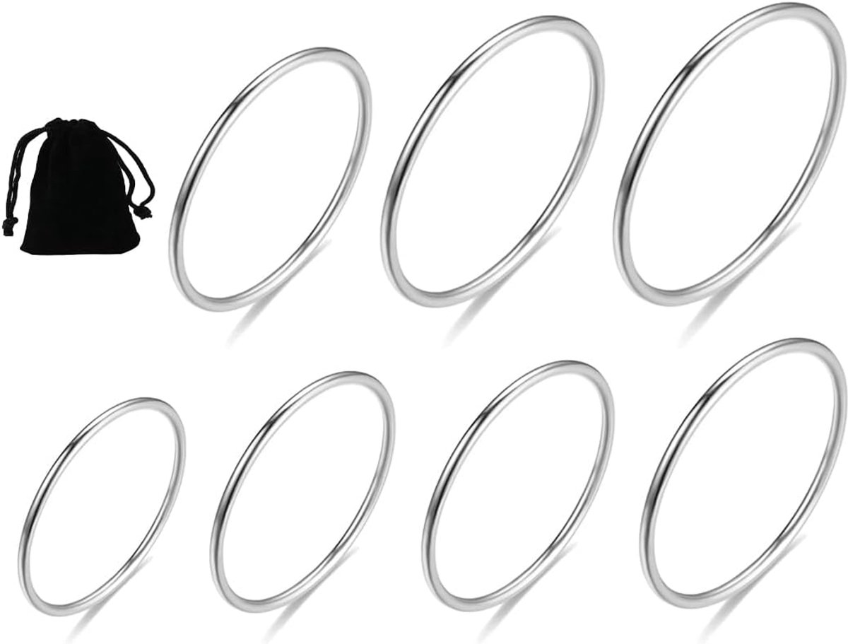 Women's Rings Set of 7 Thin Stainless Steel Rings Stackable Silver 1 mm Sizes 4 5 6 7 8 9 10 - ShopVlot