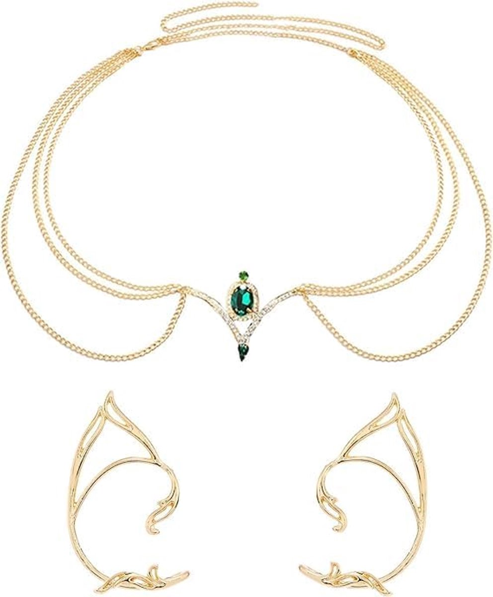 Boho Headpiece Jewellery Women's Set with 1 Pair of Elf Ears, Fairy Costume Festival Accessories, Golden Elves - ShopVlot