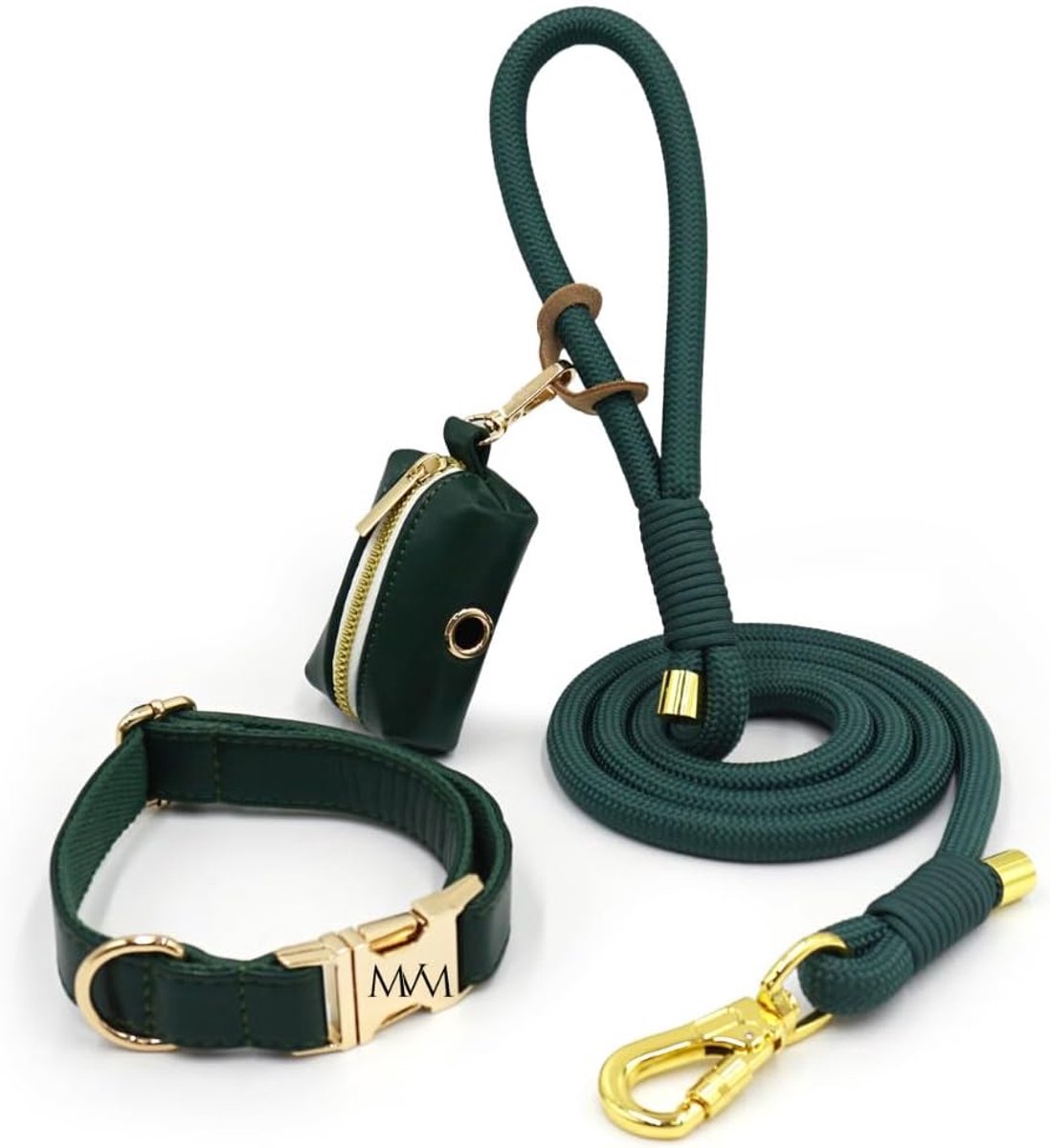 MVM Dog Leash with Collar and Poop Bag Dispenser, Waterproof and Easy Care, PU Leather and Braided Nylon, Gold Clasps - ShopVlot