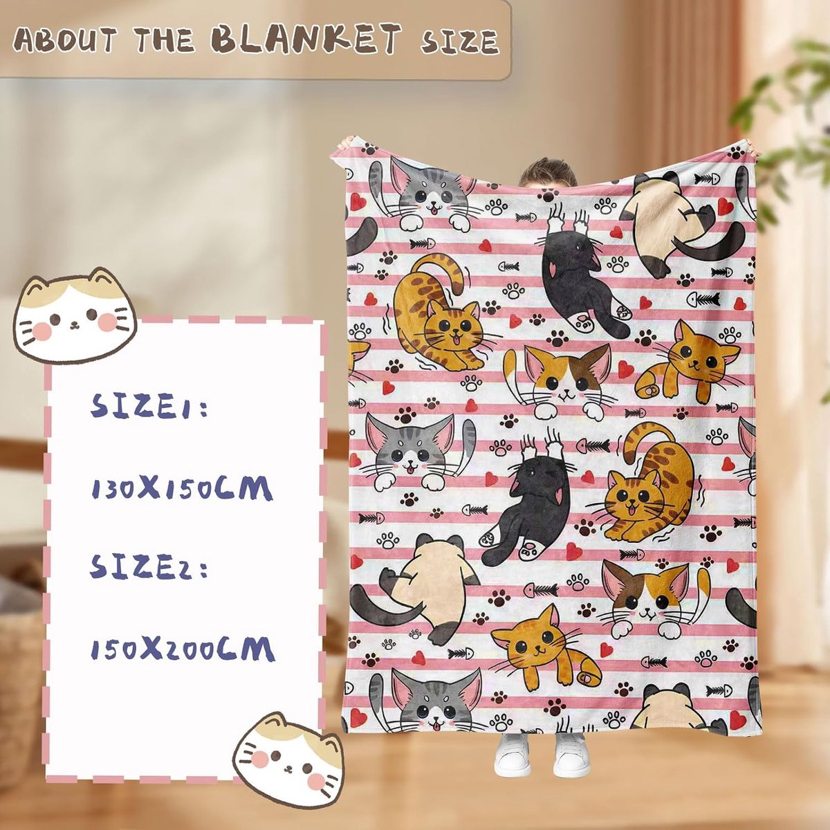 Knuffeldeken kat, cartoon kitten, knuffeldeken, fleecedeken met 3D-dierenprint, zachte, warme fleecedeken als - ShopVlot