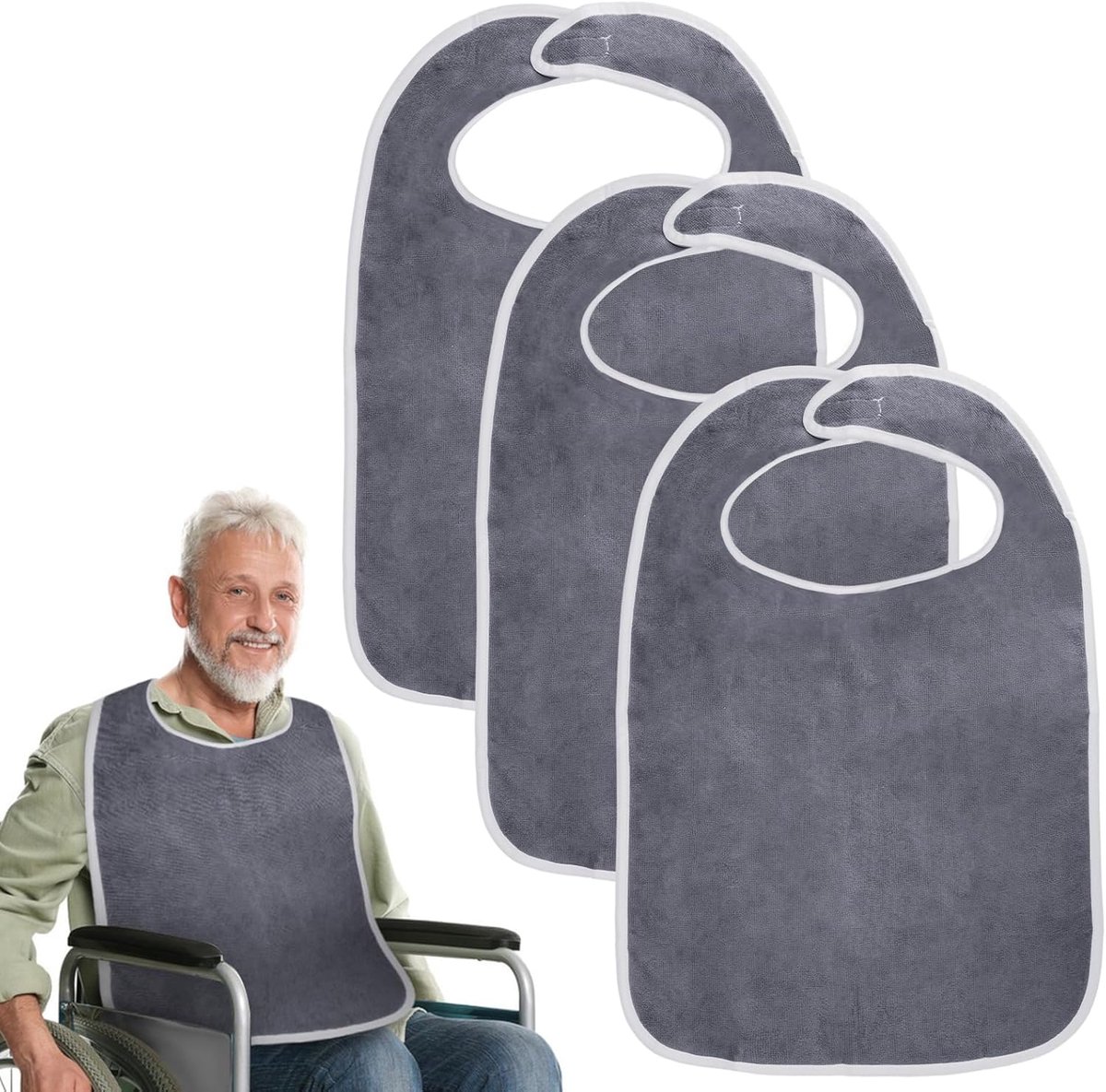 3 stuks slabbetjes voor volwassenen, herbruikbare slabbetjes voor volwassenen met klittenbandsluiting, comfortabele - ShopVlot