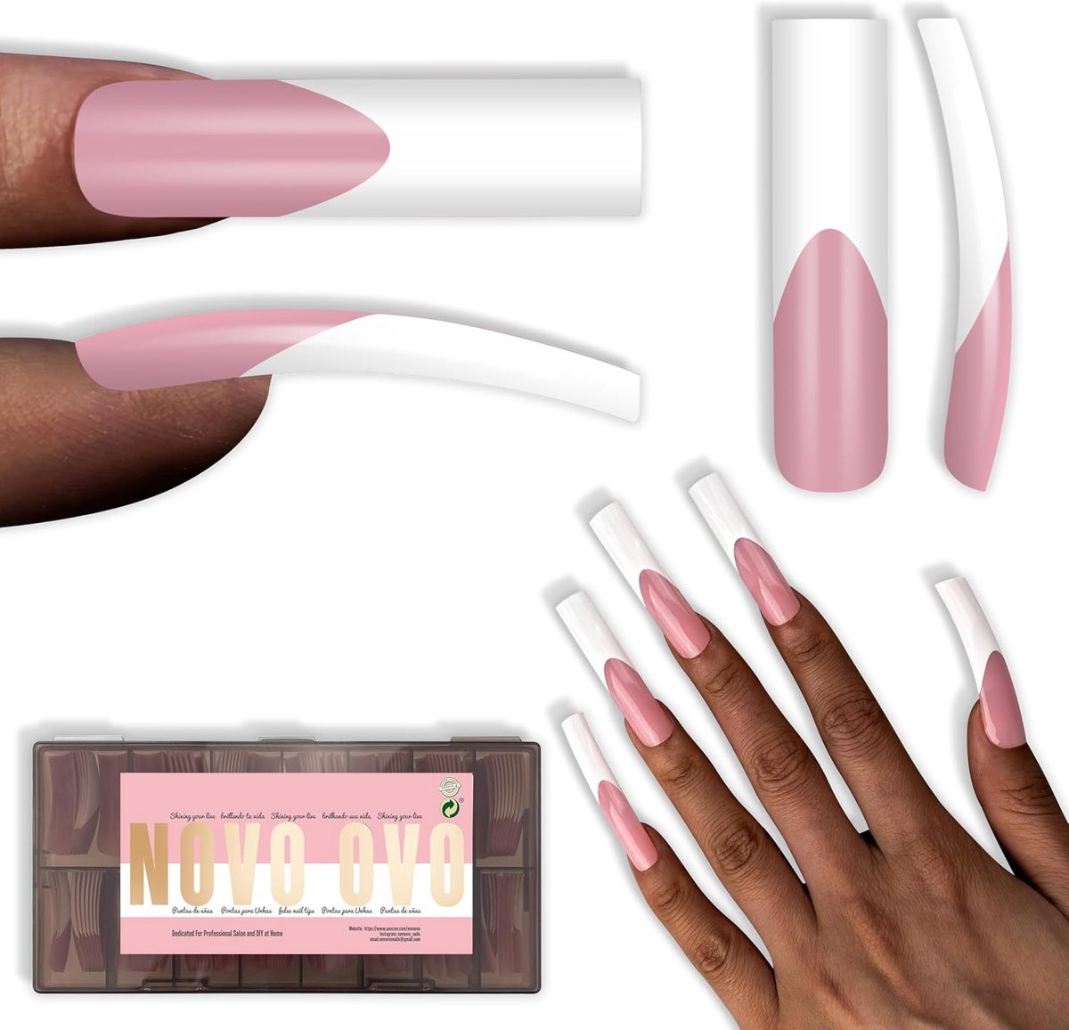 NOVO OVO Halloween XXL Shape Square Slight Curved Nail Tips, French Tip Berry Pink, Square Nail Tips, Curved Full - ShopVlot