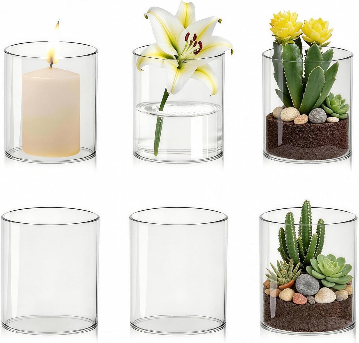 Set of 6 cylindrical glass vases, 10 × 8.5 cm, vases for table decoration, multifunctional, for fresh flowers, candles - ShopVlot