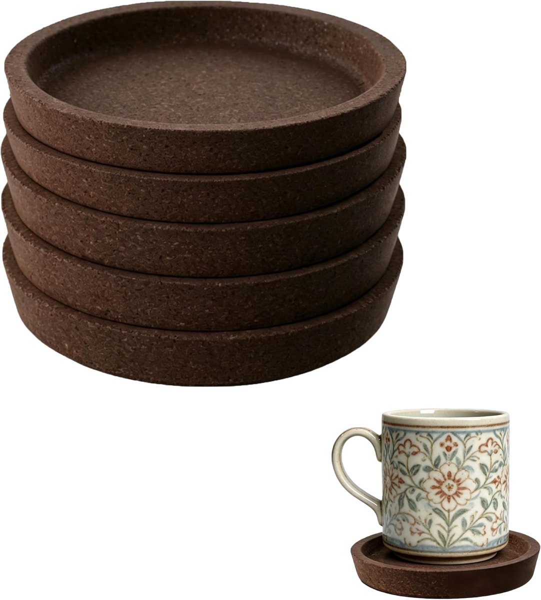 Pack of 5 Wooden Coasters with Cork Bottom, Round Reusable Drink Coasters with Stand Edge for Glasses, Mugs, Cups and - ShopVlot