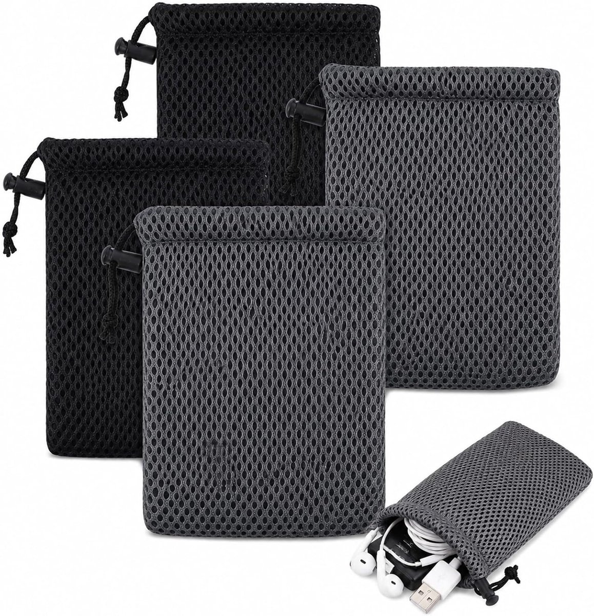 Kleine Beutel mit Zugband 4er Set – Netzbeutel 13x9 cm, Mesh Bracket Klein Schwarz & Grau, Aufbewahrungstasche Klein - ShopVlot