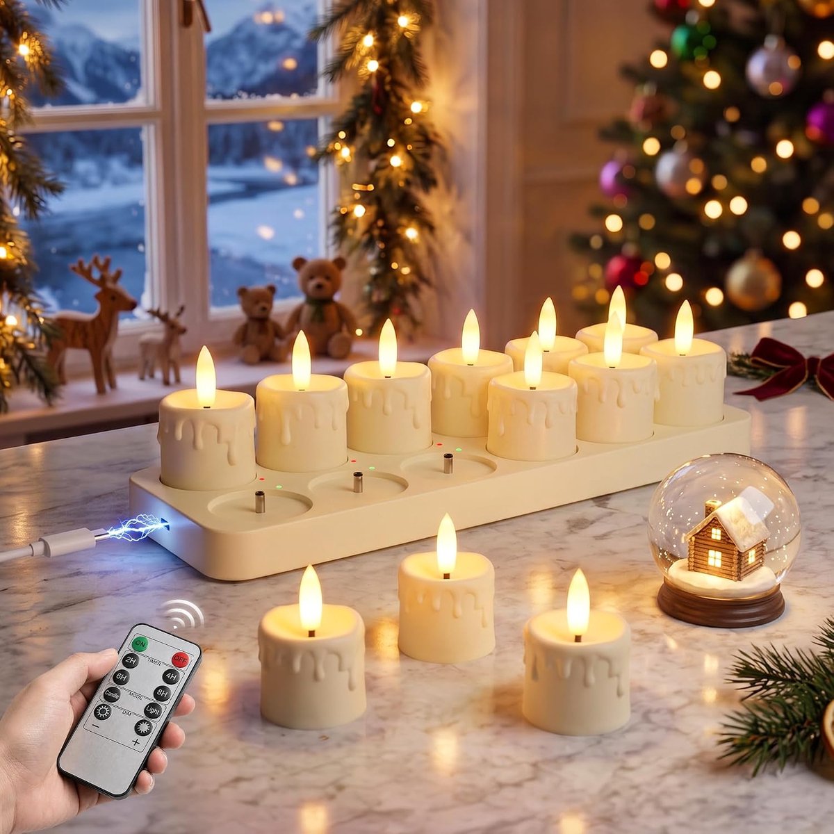 Ketom Set van 12 led-theelichtjes, valse kaars, oplaadbaar - Mini-ledkaars, flikkerende vlam, zonder vlam, met timer - ShopVlot