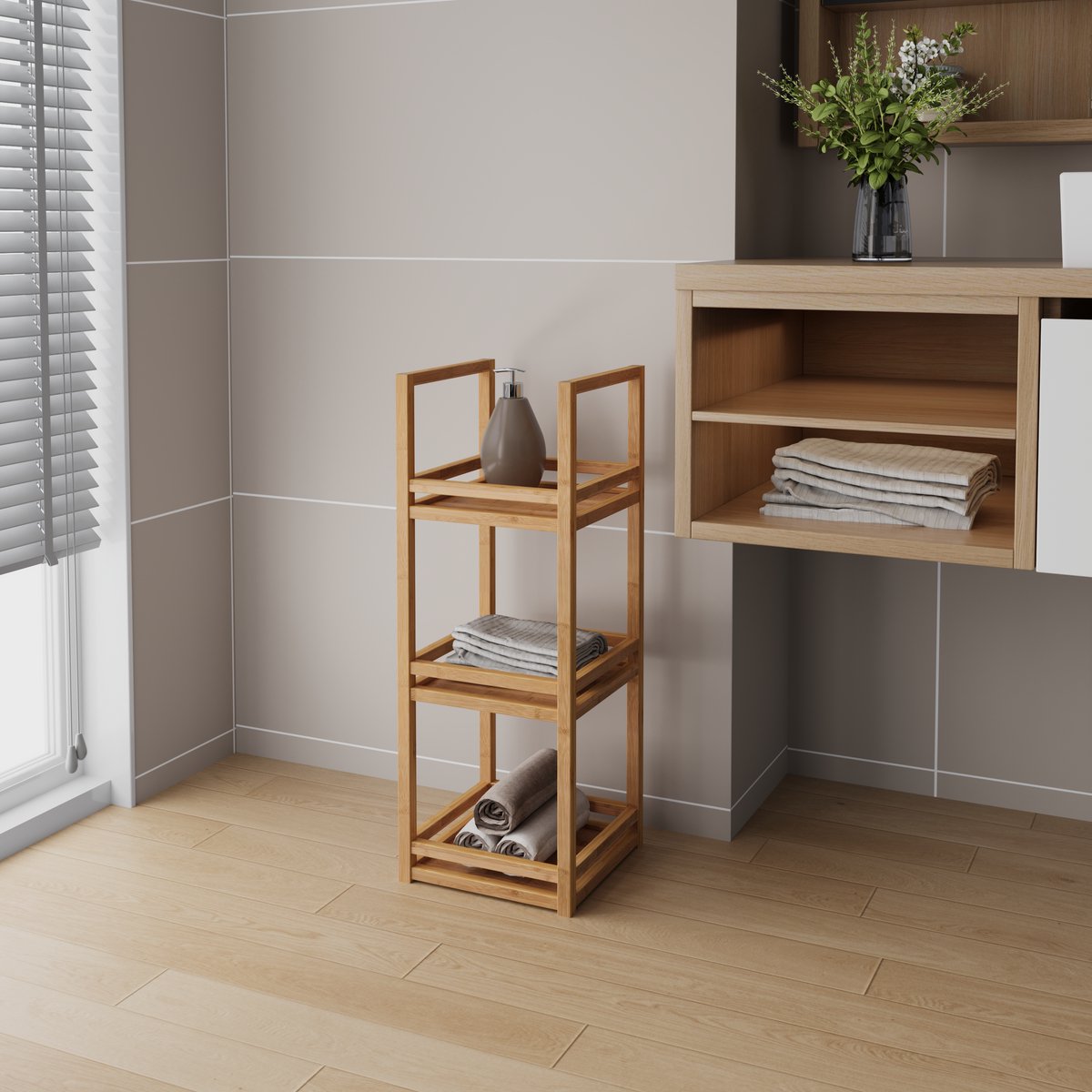 Boekenkast – 3 Niveaus – Smal Vrijstaand Ontwerp – Bamboe En MDF – Naturel – Voor Badkamer, Woonkamer, Keuken En Kantoor – Randbescherming