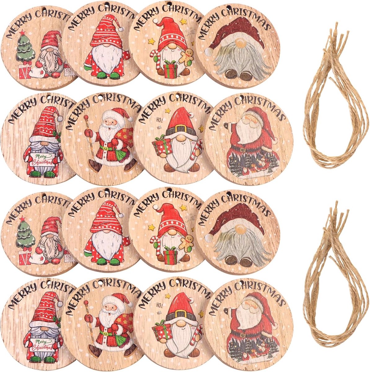 16 Pcs Round Christmas Ornament Wood Christmas Tree Pendants with Cord Round Christmas Decoration Pendant Painted - ShopVlot