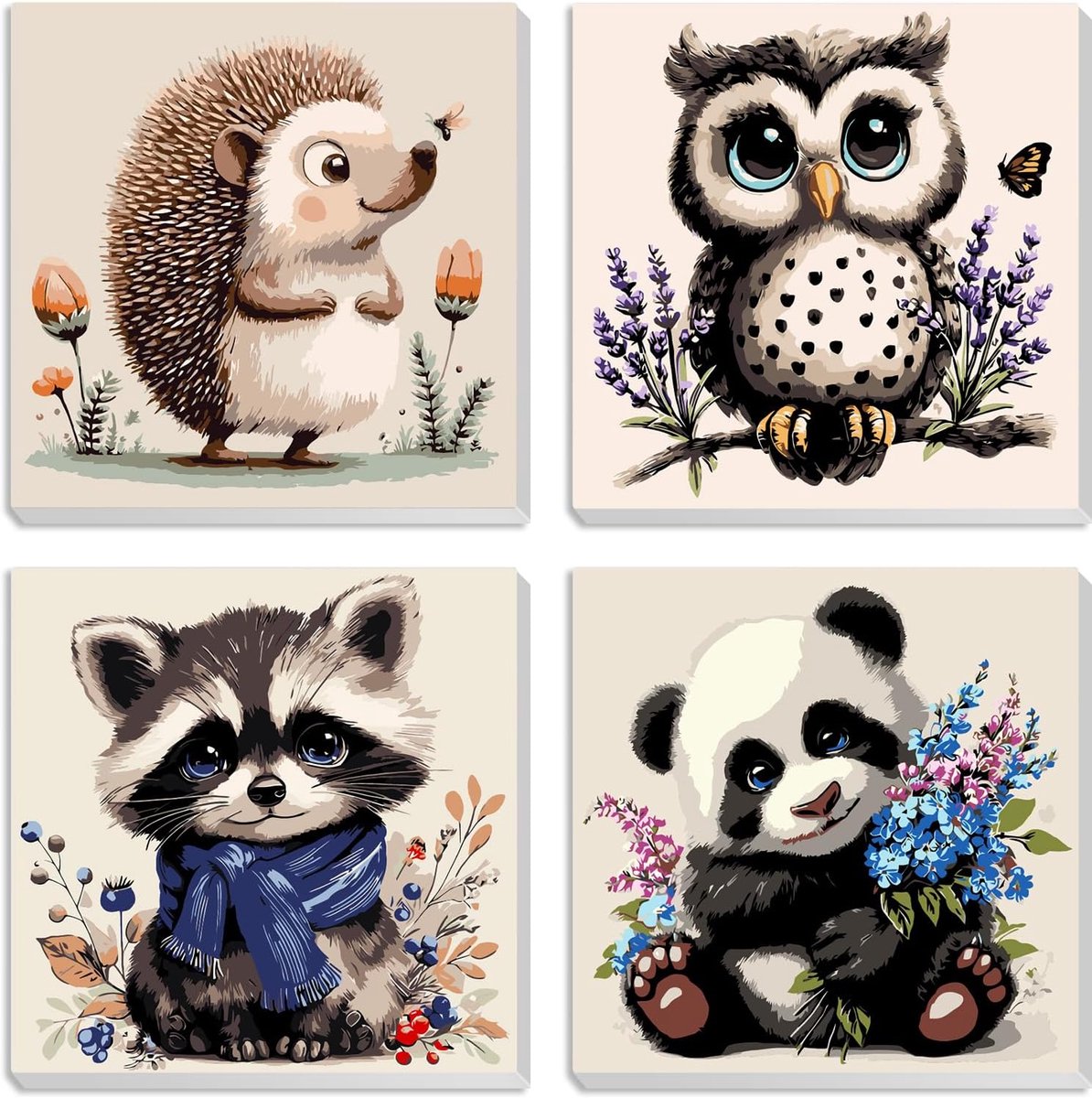MXJSUA Schattige panda, uil, dieren, verpakking van 4 stuks, schilderen op nummer, voor kinderen, met frame voor - ShopVlot