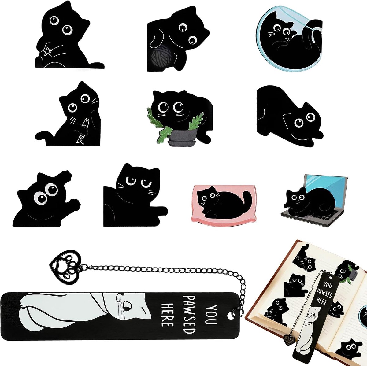 10 stuks schattige zwarte katten boekenleggers magnetisch en 1 kattenbladwijzer metaal als praktisch boekaccessoire - ShopVlot