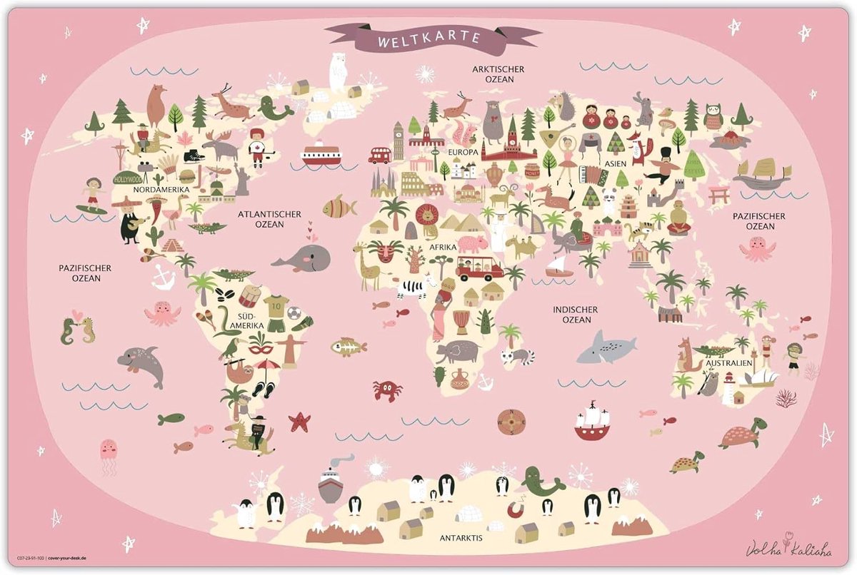 Washable Desk Mat, Children's World Map in Pink with Animals in German, 60 x 40 cm, Made of High-Quality Vinyl - ShopVlot
