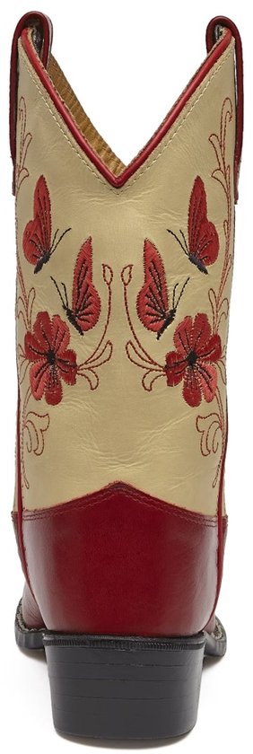 Achteraanzicht van een cowboylaars met beige schacht, rood vlinder- en bloemborduursel en rode leren voet.