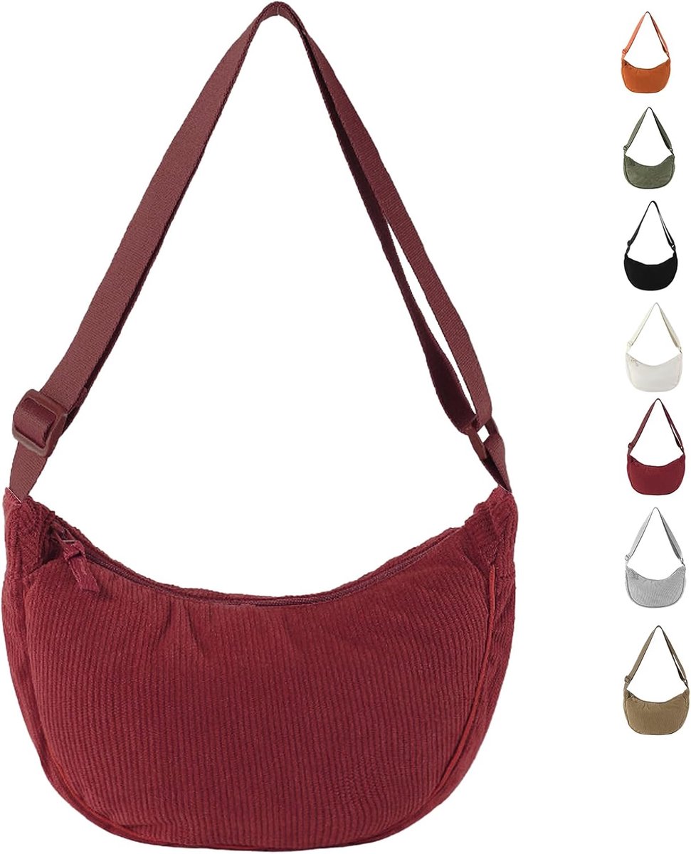 Crosbody Handtas voor Dames - Corduroy Halve Maan - Wijnrood - Ideaal voor dagelijks gebruik - ShopVlot