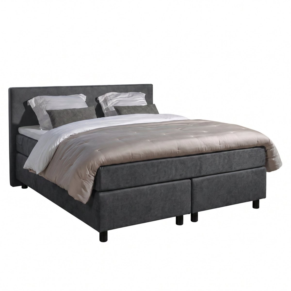 Mörgenn Boxspring Amsterdam - Pocketvering - Antraciet Lederlook - 80x220 cm - Inclusief Dekbed en Kussens