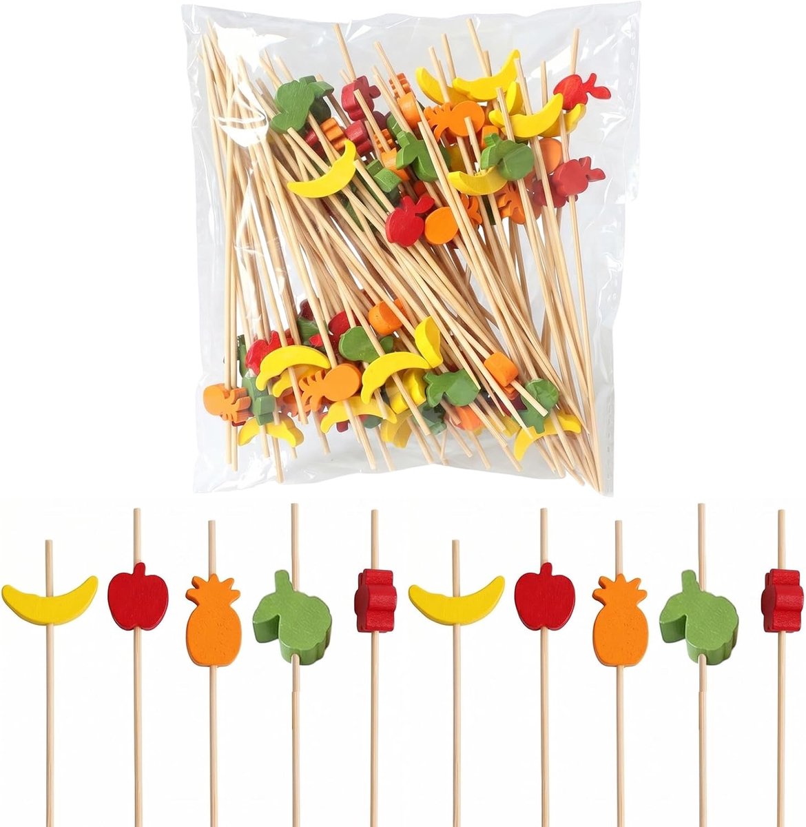 Tandenstokers 100 stuks - Houten spiesjes 12 cm - Fruitontwerpen - Perfect voor cocktails en salades - ShopVlot