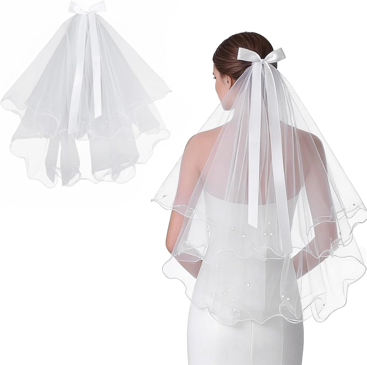 Bruidsvel 2-laags wit - Tulle met parelstrik - Haaraccessoire voor bruiden - Perfect voor vrijgezellenfeest - ShopVlot