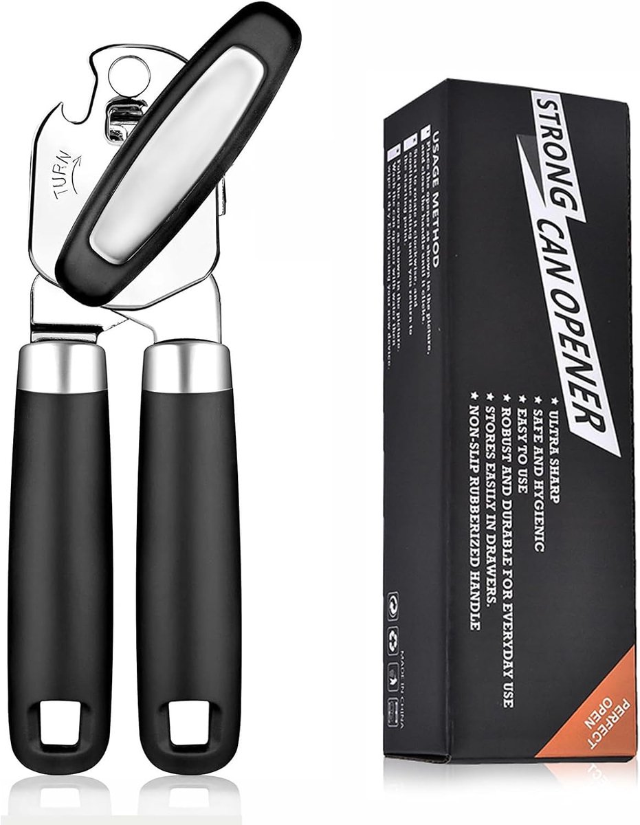 Black Can Opener, Manual, Stainless Steel, with Multifunctional Bottle Opener, Seniors, Without Sharp Edges - ShopVlot