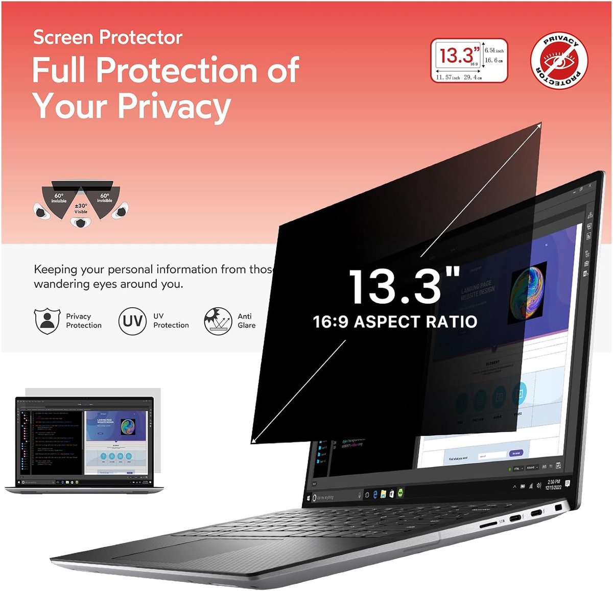 BERSEM 13.3 Inch Laptop Privacy Screen for 16:9 Ratio Computer Monitor Removable Anti Glare Blue Light Filter for - ShopVlot