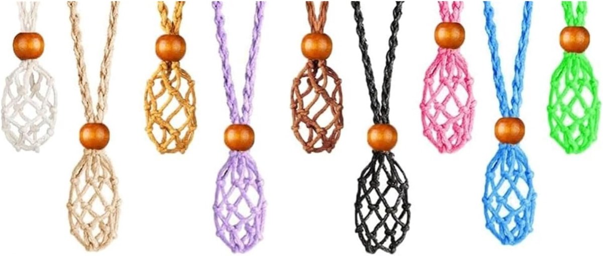 Hangertas van mesh met houten kralen, meerkleurig, gevlochten zakje met trekkoord, 9-delige set - ShopVlot