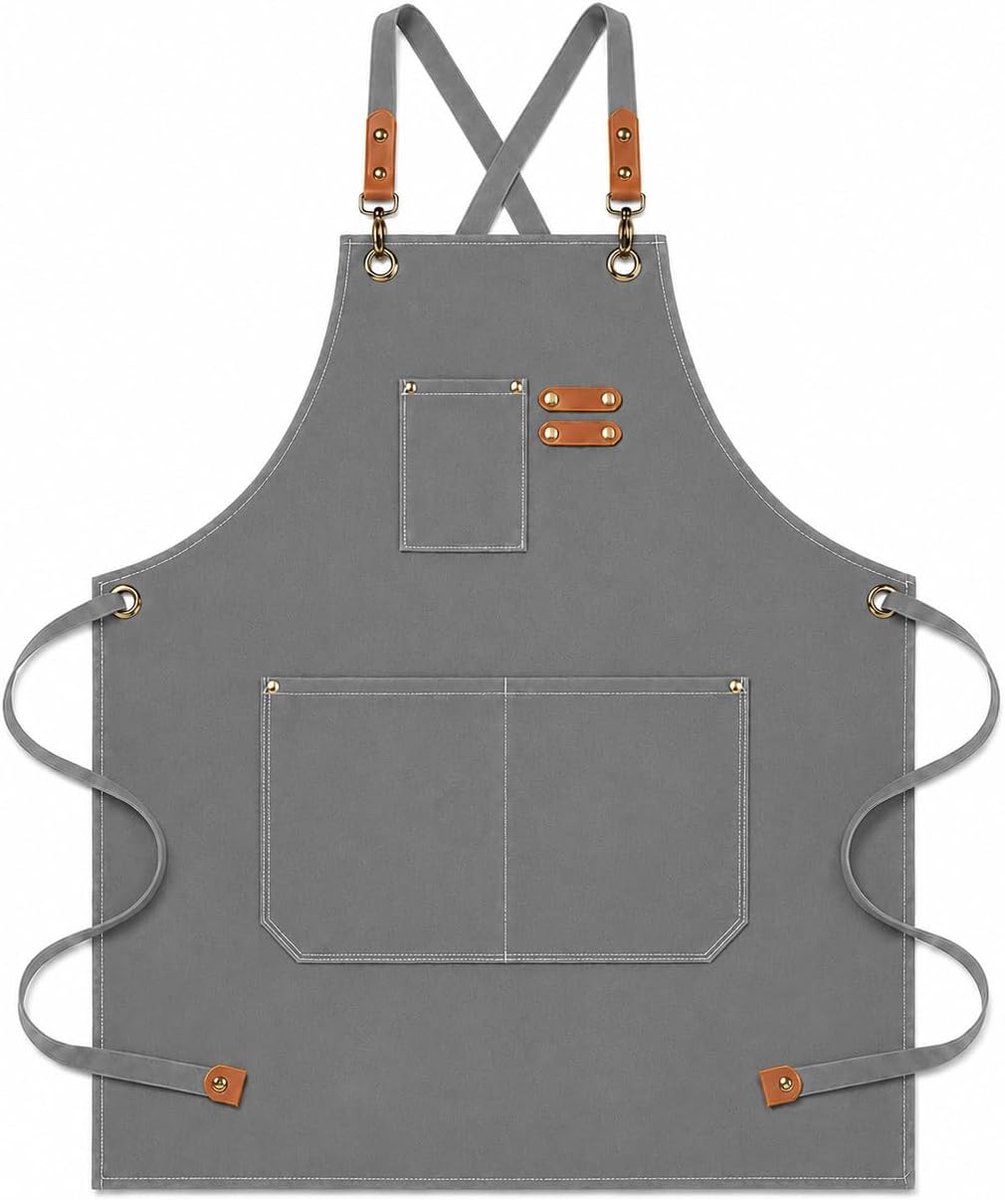 BOOWEN Unisex Apron Cotton Canvas Aprons with 3 Pockets Adjustable Size Men Kitchen Apron for Kitchen Grill Craft - ShopVlot