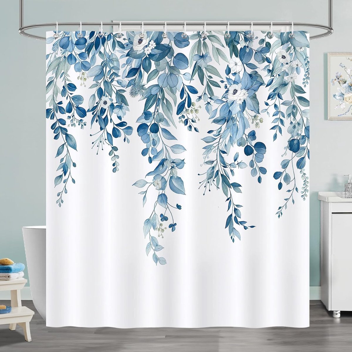 Shower Curtain 72 x 72 Inch Blue Leaves Floral Botanical Plant Shower Curtain Mildew Resistant Waterproof Polyester - ShopVlot