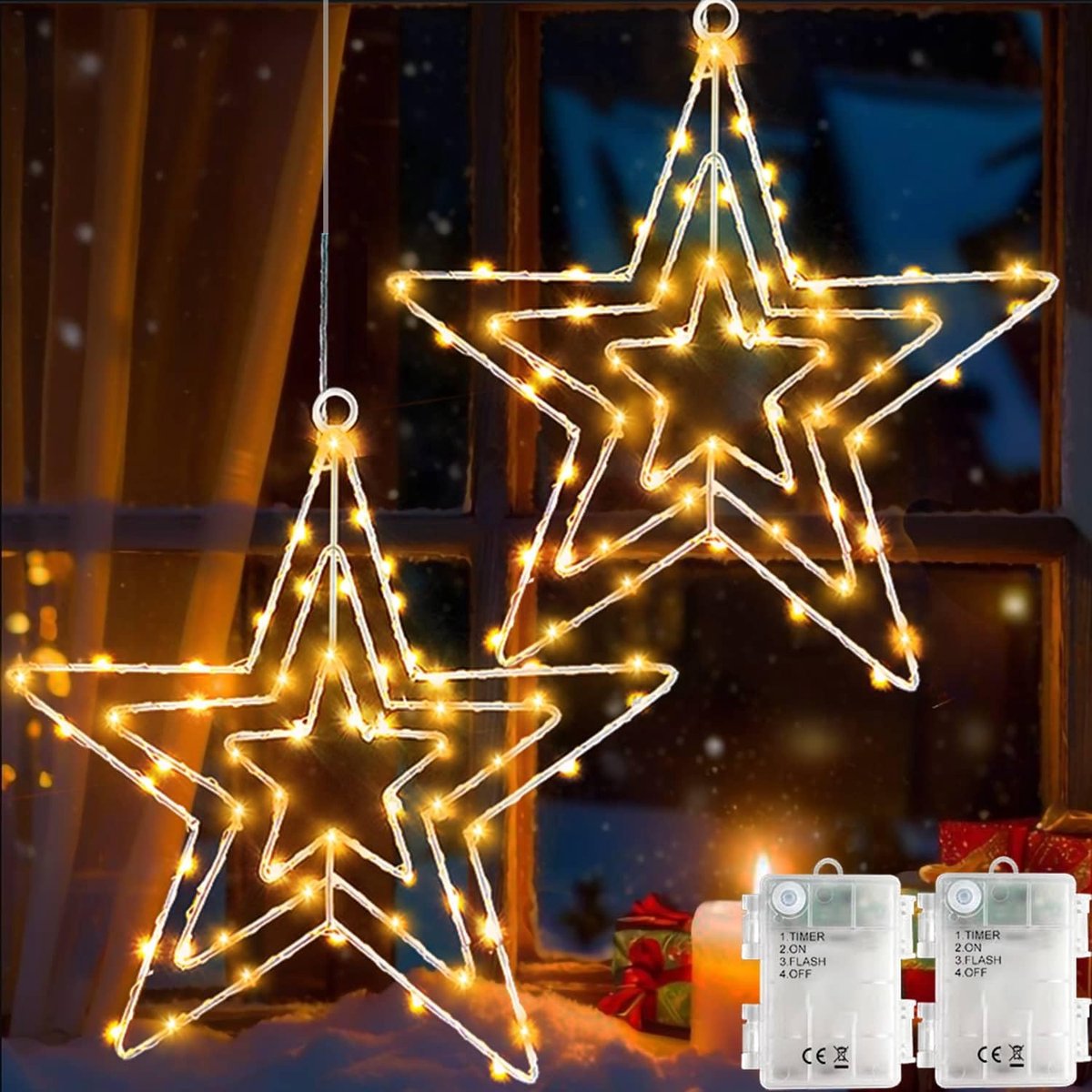 Redefun Christmas Window Fairy Lights, Pack of 2, 75 LEDs, Christmas Star Fairy Lights, Battery Operated, 8 Modes - ShopVlot